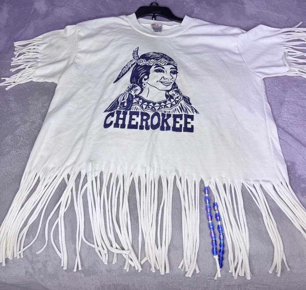Vintage 80s Quali-T Cherokee Indian Reservation Fringe T-Shirt with Beads Made i